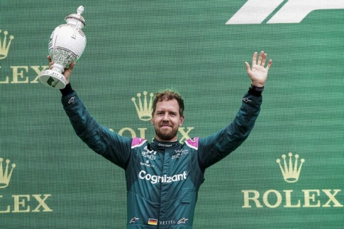 Sebastian Vettel, Aston Martin, 2nd position, with his trophy