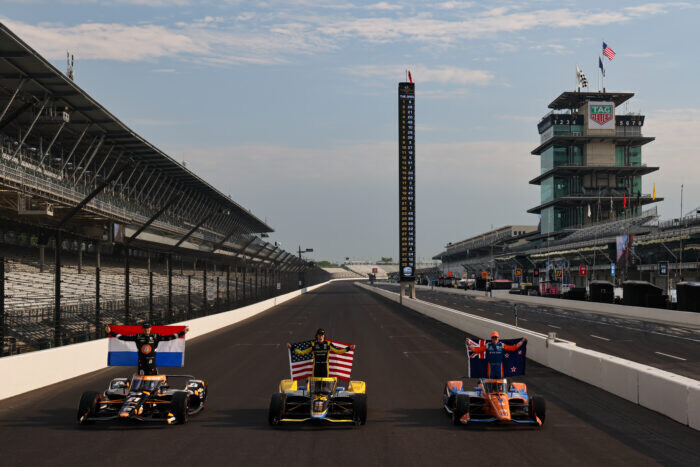 Rinus VeeKay, Colton Herta, Scott Dixon - Indianapolis 500 Front Row Photo Shoot