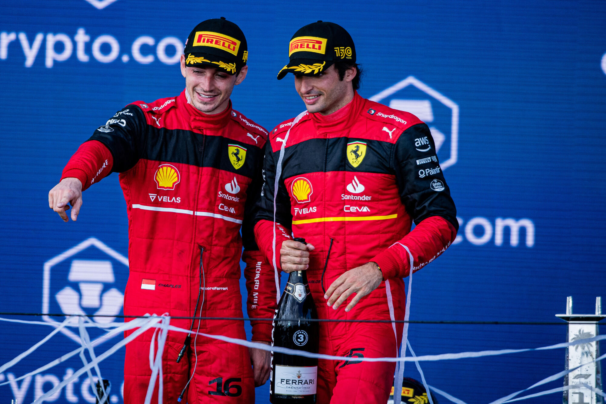 Leclerc en Sainz op het podium Miami 2022