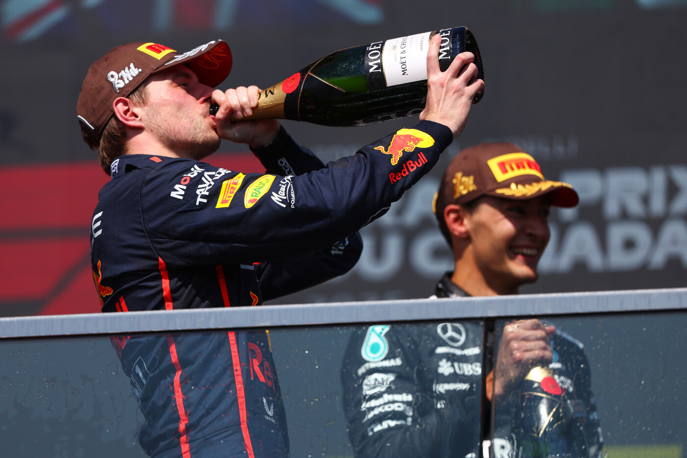 Max Verstappen champagne podium Canada 2025