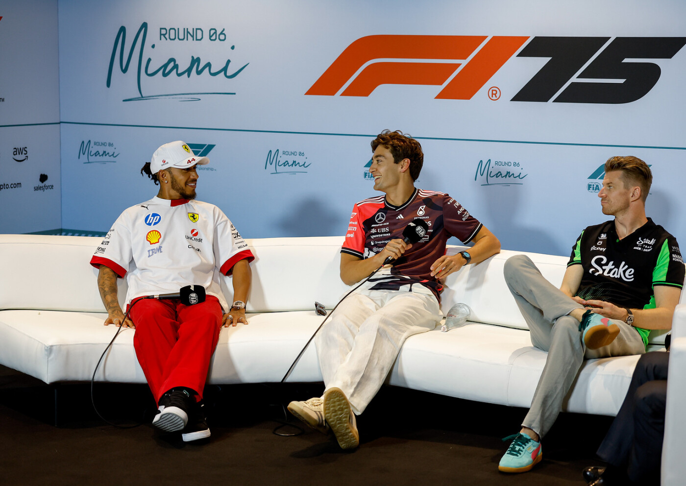 Lewis Hamilton, George Russell en Nico Hulkenberg - Persco GP Miami 2025