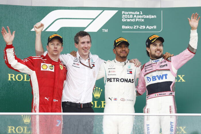 Podium / Hamilton, Raikkonen, Perez / Baku / Azerbeidzjan / 2018